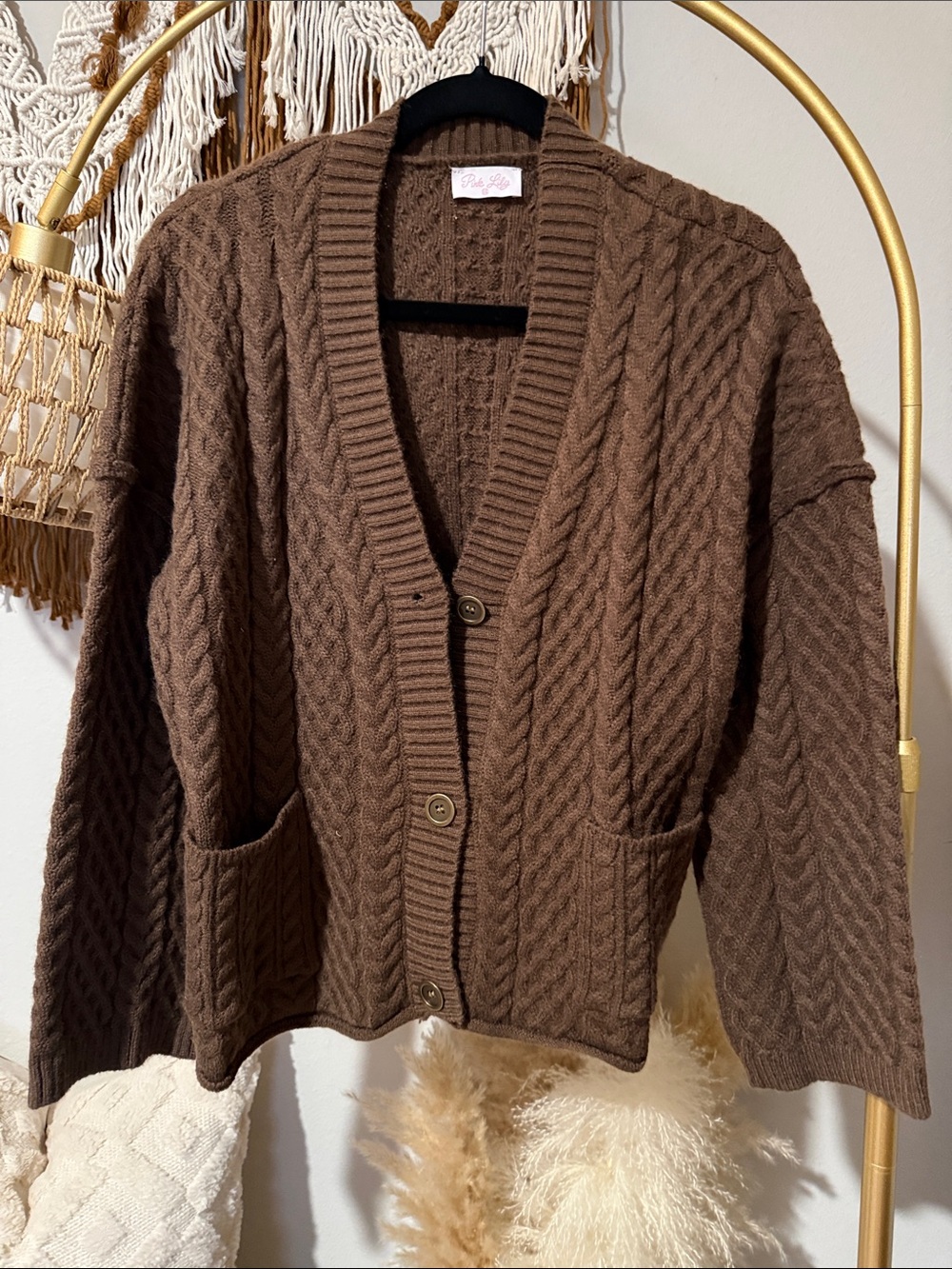 Pink Lily Brown Cable Knit Button-Front Cardigan